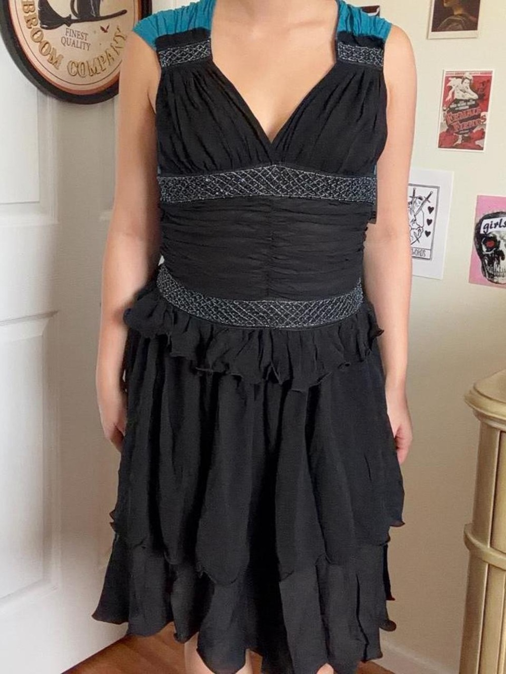 100% Silk Black Tiered V-Neck Dress with Teal Accents